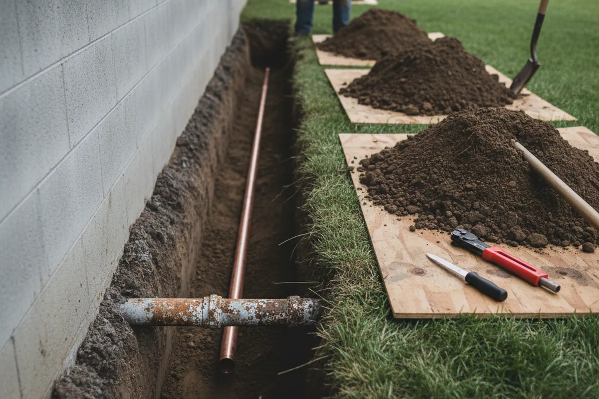 Excavated water line trench during Water Heater Repair in Harlan